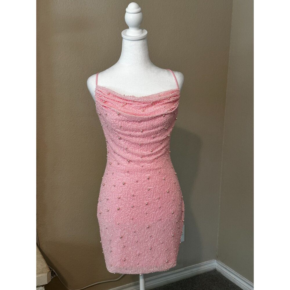 Windsor Blush Pink Pearl Bead Bodycon Mini Cowl Neck Lace-Up Back Dress M